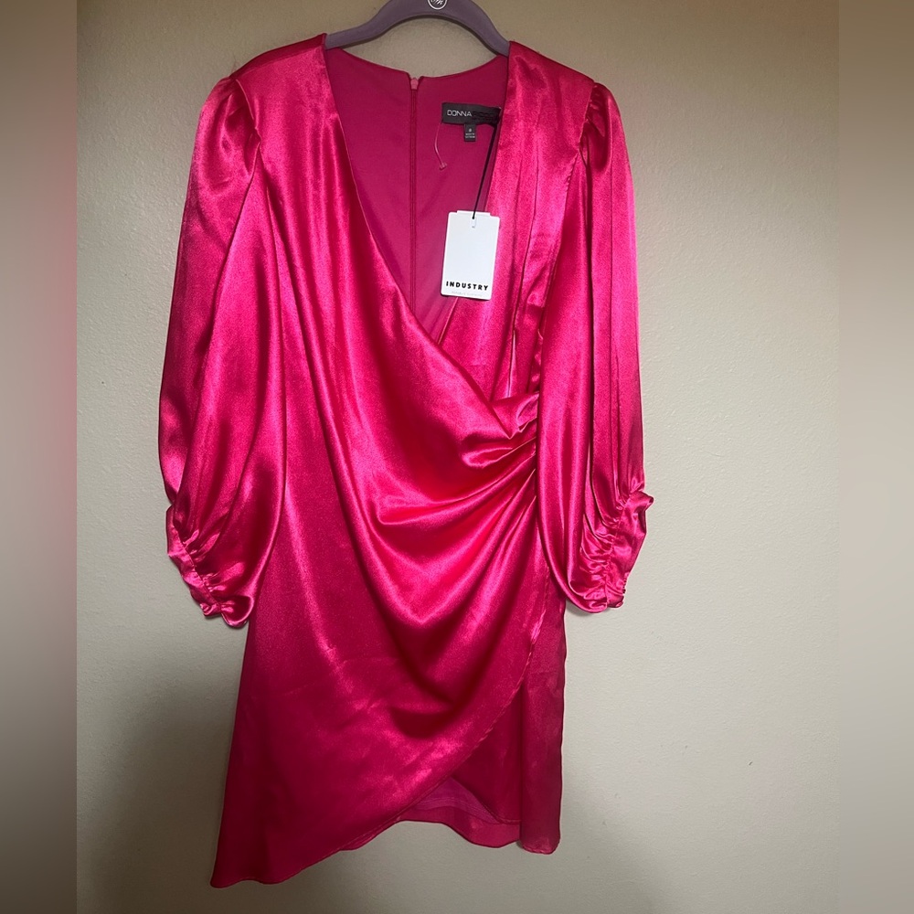 Adonna Hot Pink Satin Wrap Dress with Ruched Long Sleeves